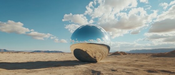 Poster - Reflective sphere in a desert landscape under a cloudy sky Chrome ball reflecting the arid environment, mountains, and clouds Concept of surrealism, environment, and reflection