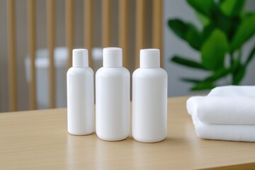 Wall Mural - Blank Beauty Product Bottles on Wooden Table