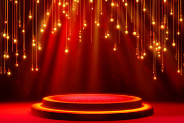 Poster - red podium with theater curtains and spotlight, pedestal stage for luxury fashion generative ai