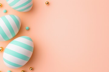 Wall Mural - easter eggs with turquoise stripes and golden and turquoise beads creating a flat lay composition on