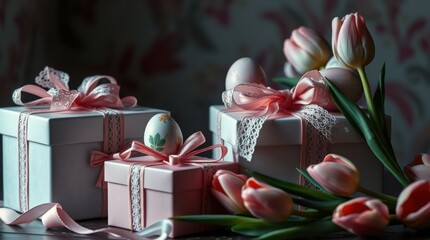 Wall Mural - Elegant Easter gifts: Decorated eggs, pink tulips, and delicate ribbons create a festive, spring atmosphere.