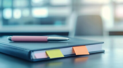 Aufkleber - Notebook with colorful sticky notes and a pen on a desk symbolizes effective time management and multitasking in a busy work environment, highlighting the chaos of deadlines and stress