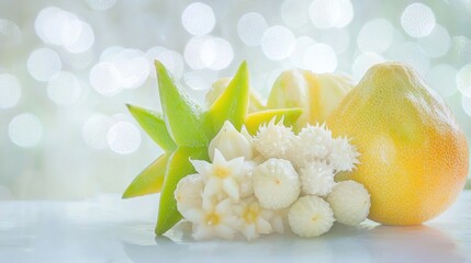 Wall Mural - Exotic fruits and flowers on blurred background.