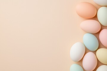 Wall Mural - many pastel colored easter eggs are arranged on the right side of a beige background, creating a fes