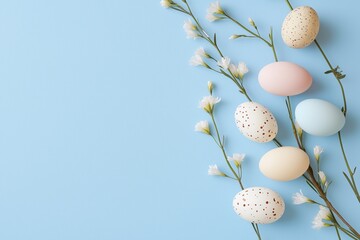 Wall Mural - pastel colored easter eggs and delicate spring flowers arranged on a light blue background create a 
