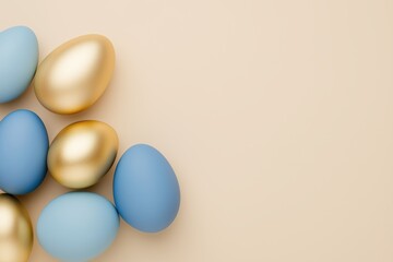 Wall Mural - gold and pastel blue easter eggs forming a corner composition on a beige background, perfect for spr