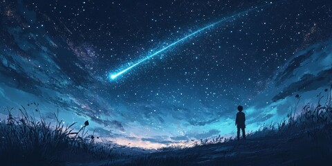 Wall Mural - Child watches a bright blue shooting star across the sky