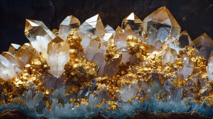 Aufkleber - Brilliant quartz crystals adorned with striking gold shine under light, presenting a stunning contrast of colors in this mineral formation from a natural cave setting.