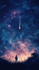 Wall Mural - Person watches shooting star falling from a colorful galaxy