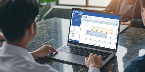 Poster - calendar on computer software application for schedule planning for personal organizer and online bu