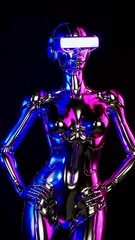 Poster - Futuristic cyberpunk robot with neon lights transitioning in dynamic dance sequence