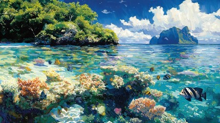 Wall Mural - Idyllic tropical beach scene with vibrant coral reef and colorful fish under clear turquoise water.