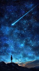 Wall Mural - Silhouette watches a glowing comet streaking across the starry sky