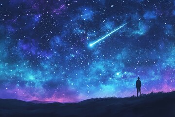 Wall Mural - A lone figure observes a shooting star against a cosmic background