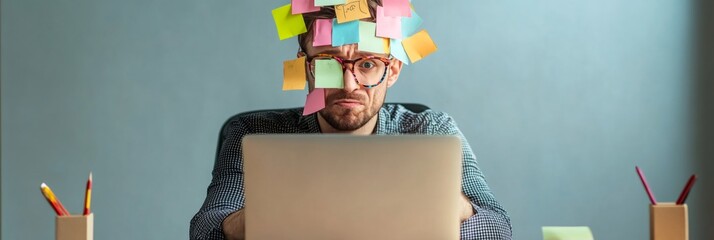 Aufkleber - Office worker struggles with multitasking, surrounded by colorful sticky notes while facing a laptop. The scene captures the chaos and stress of time management and looming deadlines