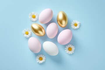 Wall Mural - pink, white, and gold easter eggs are arranged on a light blue background with white daisies, creati