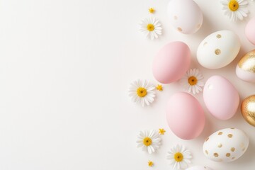 Wall Mural - stylish flat lay of pastel pink, white, and gold easter eggs arranged with daisies on a white backgr