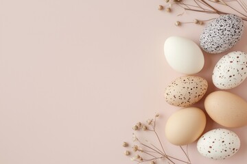 Wall Mural - modern easter eggs with neutral colors and speckled decorations lying on a pink background with copy