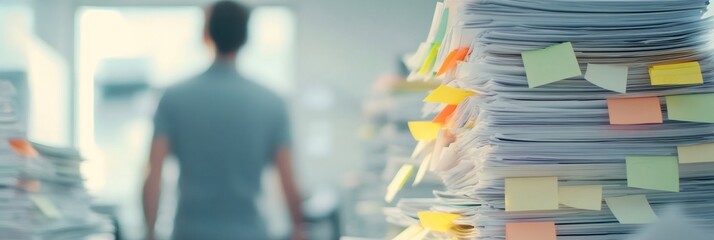 Poster - Stack of documents with colorful sticky notes symbolizes multitasking and time management challenges. A blurred figure in the background represents the chaos of a hectic work environment