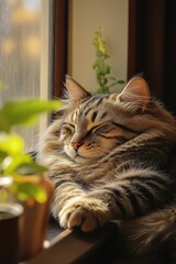 Wall Mural - a cat laying on a window sill with a plant in the background