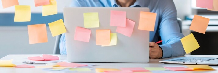 Poster - Office worker surrounded by colorful sticky notes, illustrating multitasking and time management challenges. The scene conveys stress and chaos in a busy work environment with looming deadlines