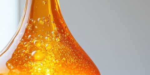 Poster - Bubbles form in a vibrant orange liquid inside a glass container, capturing the light beautifully in a modern setting