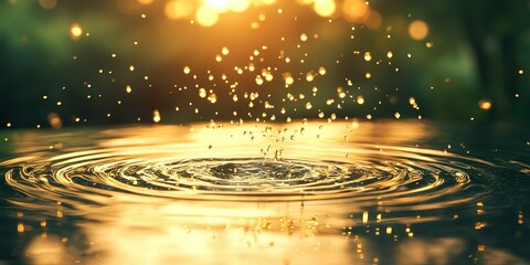 Poster - Captivating water drops creating ripples at sunset in a serene outdoor setting