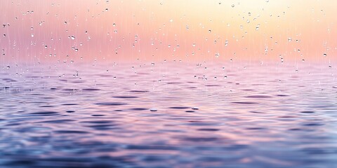Poster - Raindrops fall gently on calm water surface during sunset, creating a serene atmosphere and colorful reflections