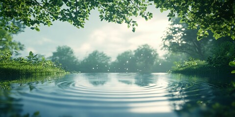 Poster - Tranquil water surface reflecting sunlight in a serene natural landscape during early morning hours