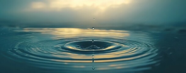 Poster - Rippling water droplets create concentric circles during sunrise at a tranquil lake