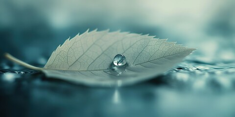 Poster - Close-up of a raindrop resting on a delicate leaf floating on calm water