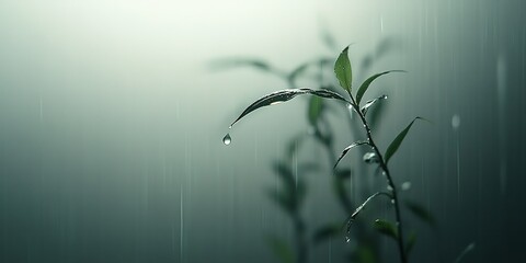 Poster - Rainwater drops glisten on green leaves in a misty environment during a serene rainfall