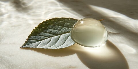 Poster - Translucent gel sphere resting on a green leaf with soft sunlight illuminating the surface
