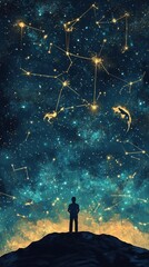 Wall Mural - silhouette of person gazing at starry constellation filled night sky