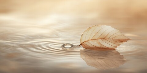 Poster - Softly floating leaf creates ripples on tranquil water surface at sunset