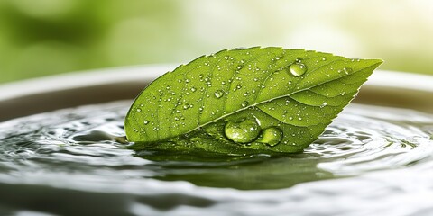 Poster - Fresh green leaf with water droplets resting on tranquil surface in natural light