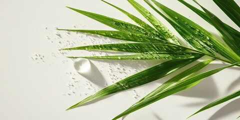 Poster - Fresh green palm leaves with droplets of water and scattered salt on a light surface highlighting natural elements