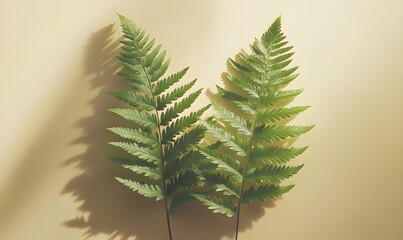 Poster - Two fern leaves casting shadows on a light golden background simple style