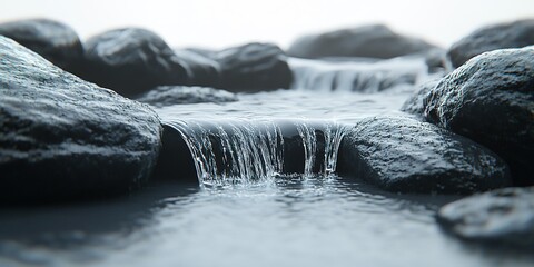 Poster - Water cascading over smooth stones in a tranquil stream during early morning light