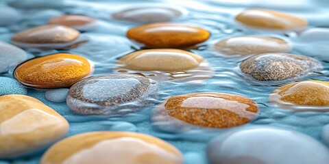 Poster - Smooth pebbles glistening under clear water in a tranquil natural setting during daylight