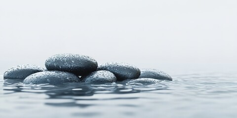 Poster - Calm water reflects smooth stones resting gently atop each other in a serene atmosphere at dawn
