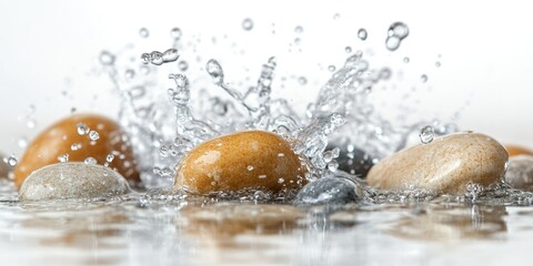 Poster - Water splashes around smooth stones creating dynamic patterns in serene setting