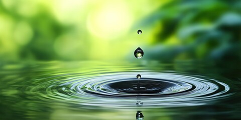 Poster - Water droplet creates ripples in calm pond surrounded by lush greenery during a sunny day