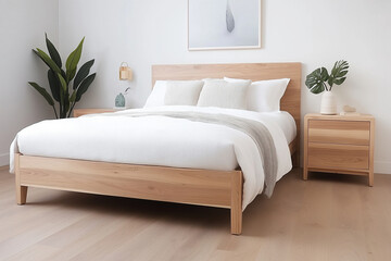 Poster - Modern bedroom with wooden furniture and minimalistic decor highlighting comfort and style