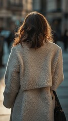 Walking through city streets in cozy boucle fabric coat