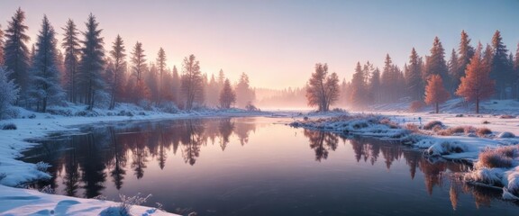  Frosty morning with a frozen lake and snow-covered trees surrounding it, snowy woods, frozen world