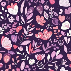 Wall Mural - Vibrant pink and purple floral pattern with leaves and berries on dark background