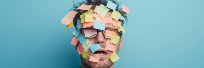 Aufkleber - Stressed professional struggles with time management and multitasking, face covered in colorful sticky notes. Represents chaos and pressure of meeting deadlines in a busy work environment
