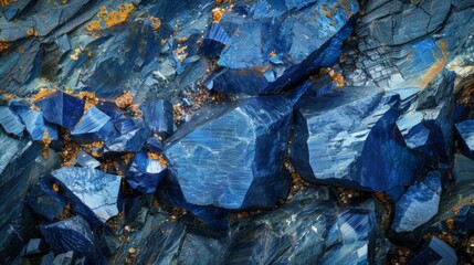 Poster - Vivid blue stones are prominently featured, showcasing their crystalline structure within a rocky surface. Light reflects off the facets, enhancing their natural beauty.