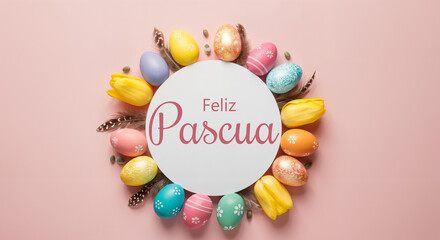 Wall Mural - colorful easter eggs and yellow tulips arranged around a circular sign saying feliz pascua on a pink